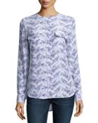 Lynn Leaf-print Silk Shirt, White Pattern
