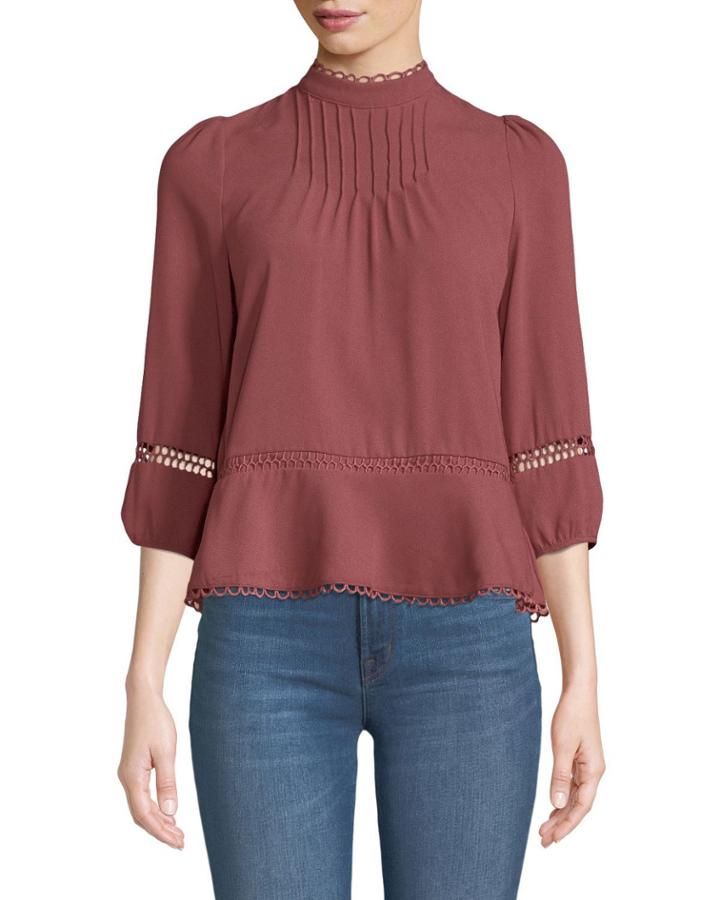 Lace-embroidered Mock-neck Chiffon Blouse