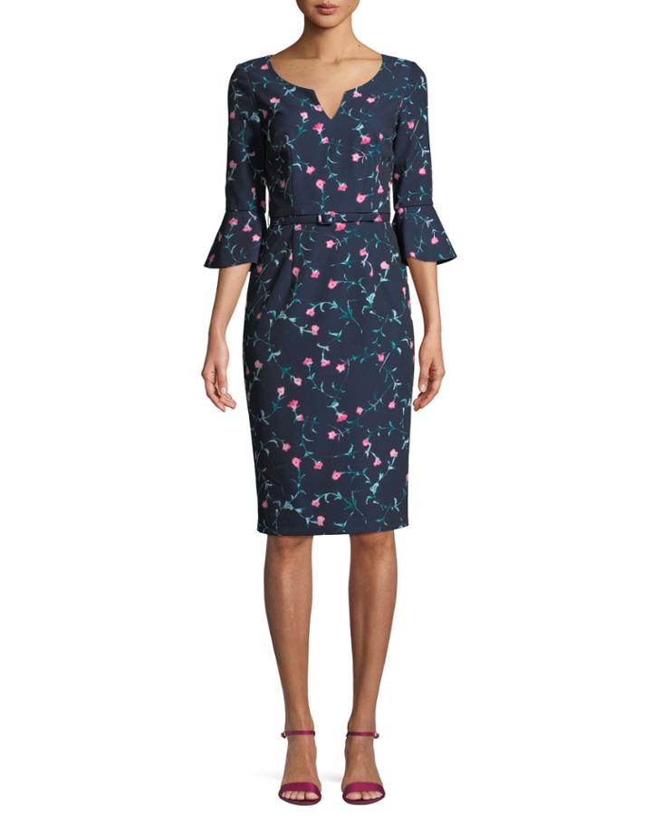 Mini Floral Trumpet-sleeve Belted Dress