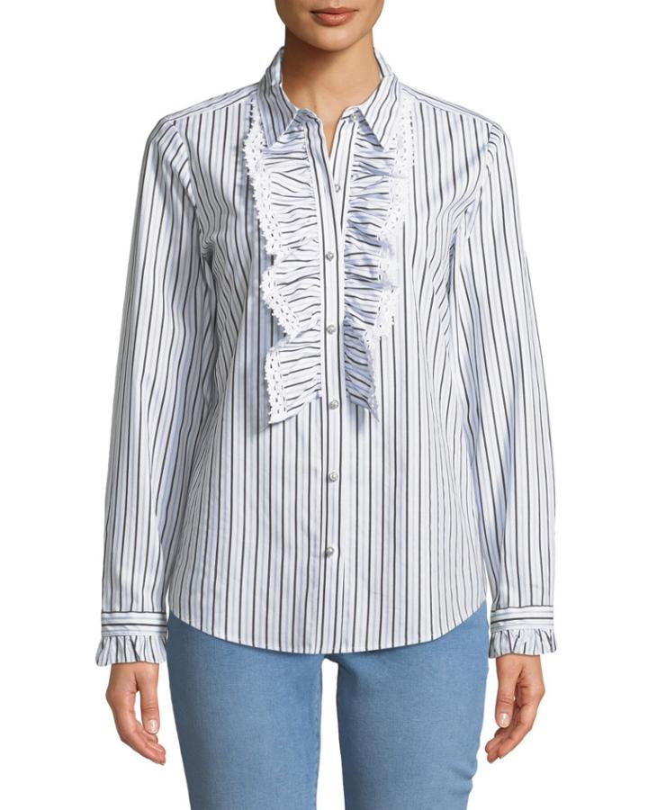 Lace And Ruffle Striped Button-down Blouse