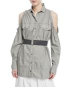 Cold-shoulder Snap-front Cotton Western Shirt With Belt