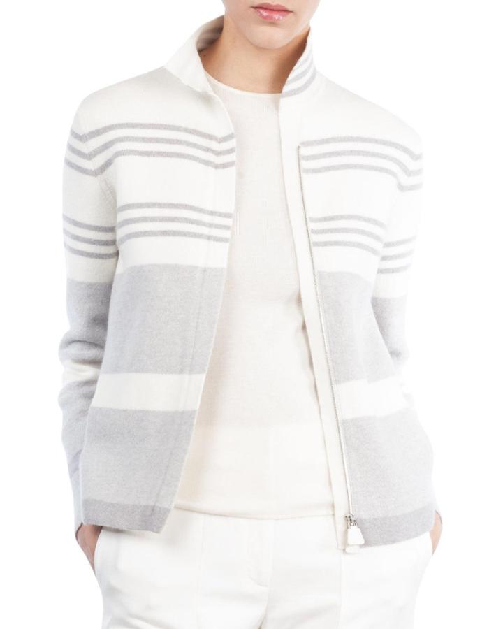 Mock-neck Zip-front Reversible Cashmere Knit Jacket