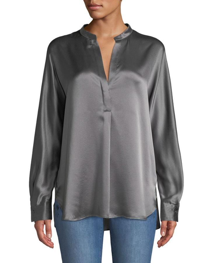 Split-neck Long-sleeve Silk