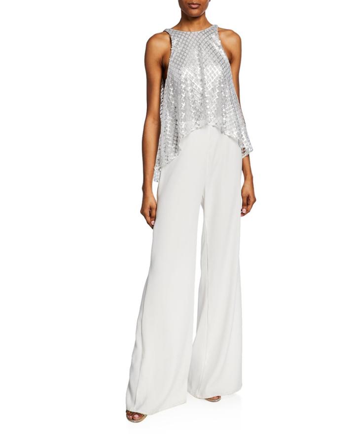 Sleeveless Wide-leg Jumpsuit With Sequin Top & Crepe Bottom