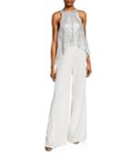 Sleeveless Wide-leg Jumpsuit With Sequin Top & Crepe Bottom