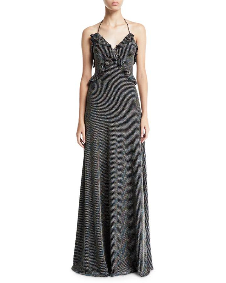 Sleeveless Metallic Striped Knit Ruffle-trim Gown