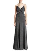 Sleeveless Metallic Striped Knit Ruffle-trim Gown