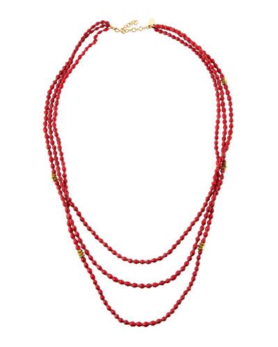 Long Triple-strand Paper Beaded Necklace, Red