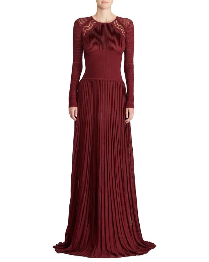50th Anniversary Empire-waist Long-sleeve Pleated Long Evening Gown