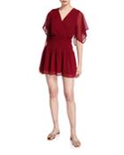 V-neck Short-sleeve Smock-waist Mini Chiffon Dress