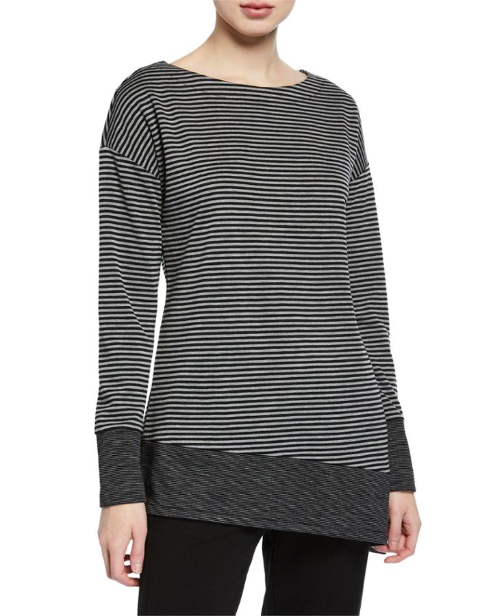 Boat-neck Long-sleeve Striped Asymmetric