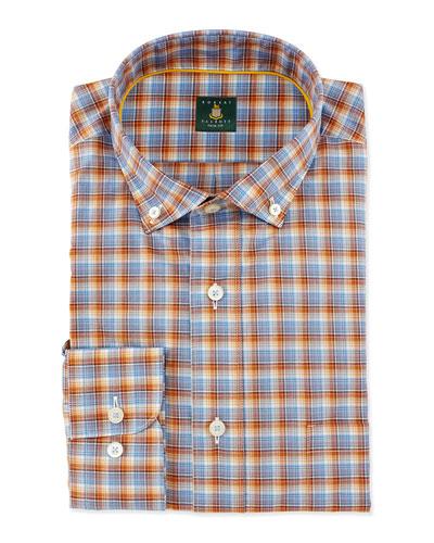 Mini-plaid Woven Dress Shirt, Blue/orange