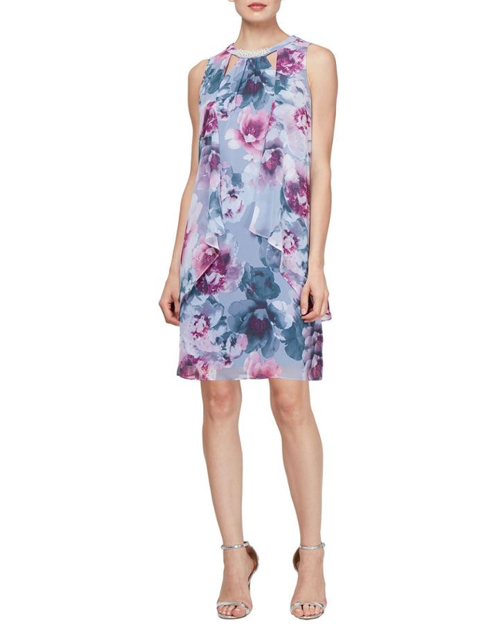 Floral-print Peal Trim Cocktail Dress
