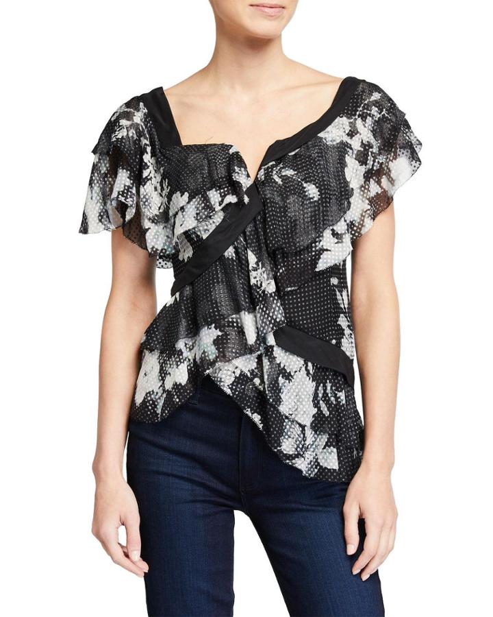 Asymmetrical Printed Silk Jacquard Blouse