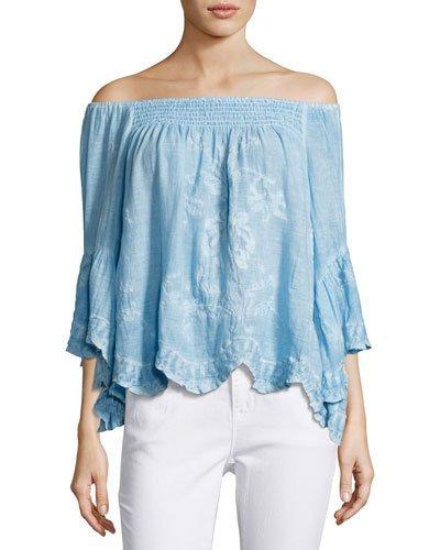 Off-the-shoulder Embroidered Top, Blue