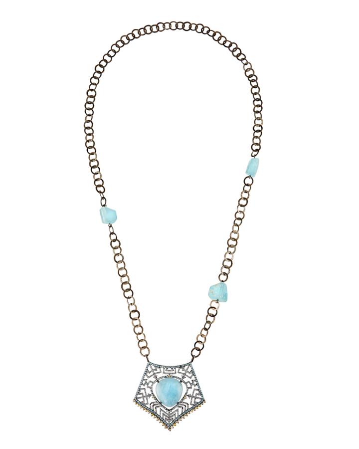 Long Aquamarine & Diamond Pendant Necklace