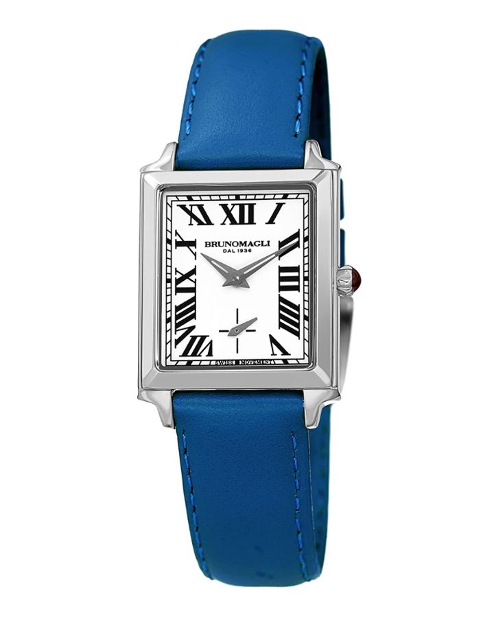 Valentina Rectangular Watch W/ Leather Strap, Blue/steel