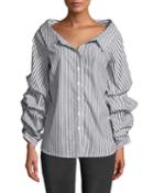 Striped Pinned-sleeve Button Front Blouse