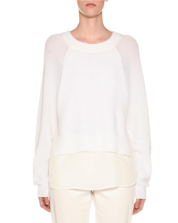 Crewneck Wool Sweater With Crepe De Chine