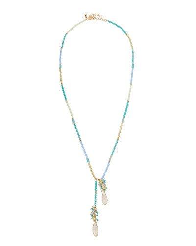 Long Golden Aqua Beaded Drop Necklace, Blue