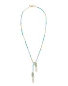 Long Golden Aqua Beaded Drop Necklace, Blue