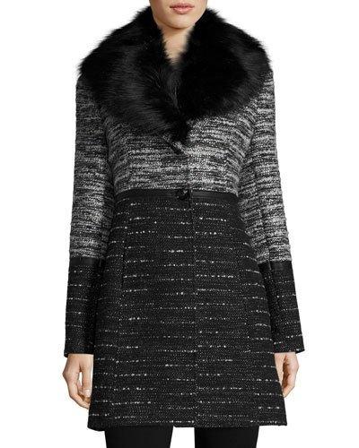 Wool-blend Coat With Removable Faux-fur Collar, Black/white