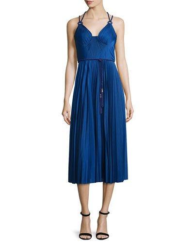 Sleeveless Belted Pleated Cocktail Dress, Cobalt