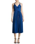 Sleeveless Belted Pleated Cocktail Dress, Cobalt