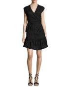 Shadow Shirred Wrap Dress, Black