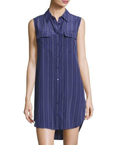 Slim Signature Sleeveless Striped Shirtdress, Blue/white
