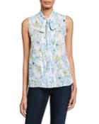 Floral-print Pleated Chiffon Tie-neck Blouse