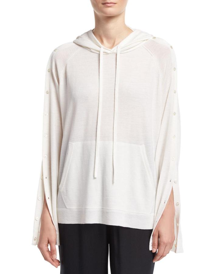 Merino Wool Button-sleeve Pullover Hoodie, Ivory