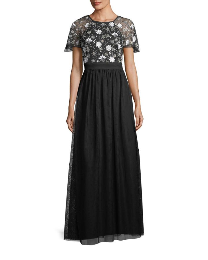 Hand-beaded Short-sleeve Tulle Evening Gown