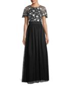 Hand-beaded Short-sleeve Tulle Evening Gown
