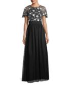 Hand-beaded Short-sleeve Tulle Evening Gown