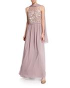 Embroidered Chiffon Column Gown
