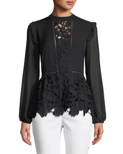Mock-neck Lace-front Peplum Blouse