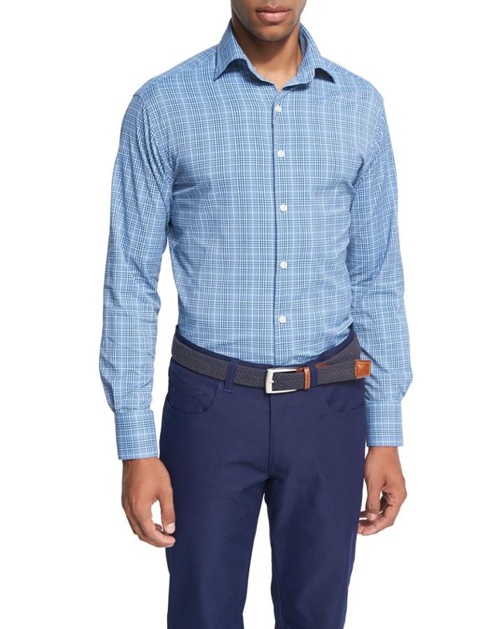 Crown Sport Honeycomb Glen Plaid Performance Sport Shirt, Dark Blue