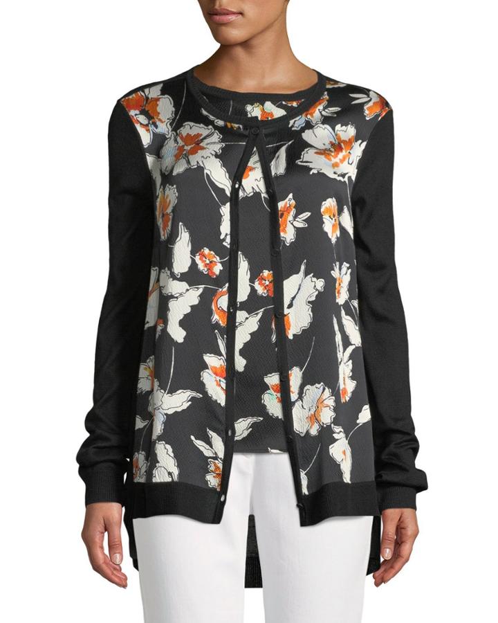 Jersey Knit Cardigan W/ Floral-print