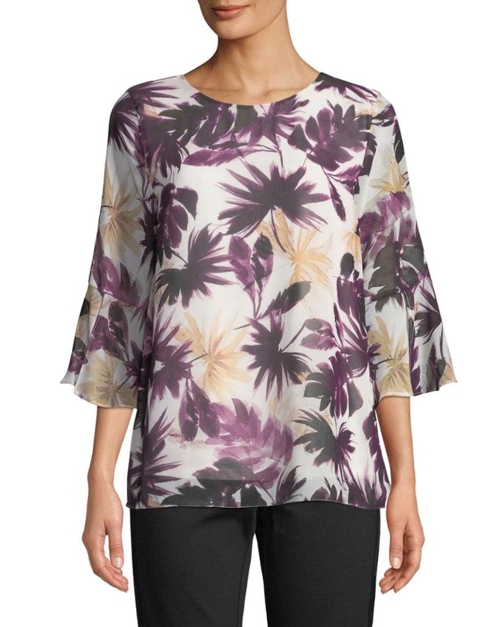 Flare-sleeve Leaf-print Blouse