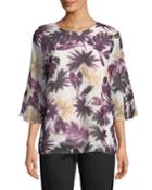 Flare-sleeve Leaf-print Blouse