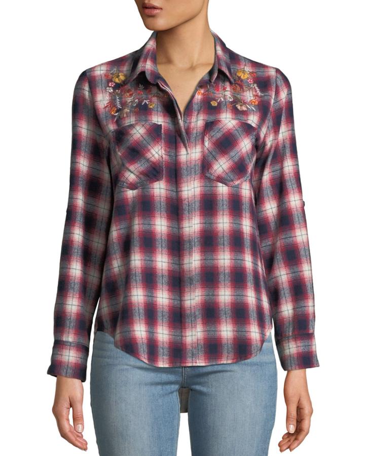 Riley Floral-embroidered Plaid Button-down Blouse