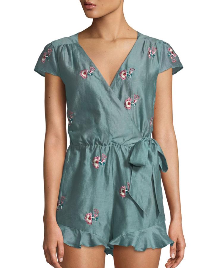Ashby Embroidered Satin Wrap Romper