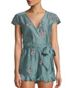 Ashby Embroidered Satin Wrap Romper