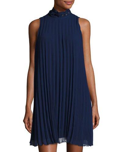 High-neck Sleeveless Pleated Dress, Purple/blue