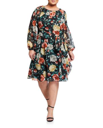 Plus Size Long-sleeve Printed Clip Dot Floral Dress