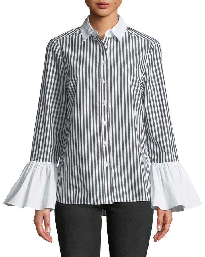 Pinstriped Flare-sleeve Button-front Blouse