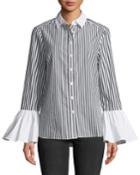 Pinstriped Flare-sleeve Button-front Blouse