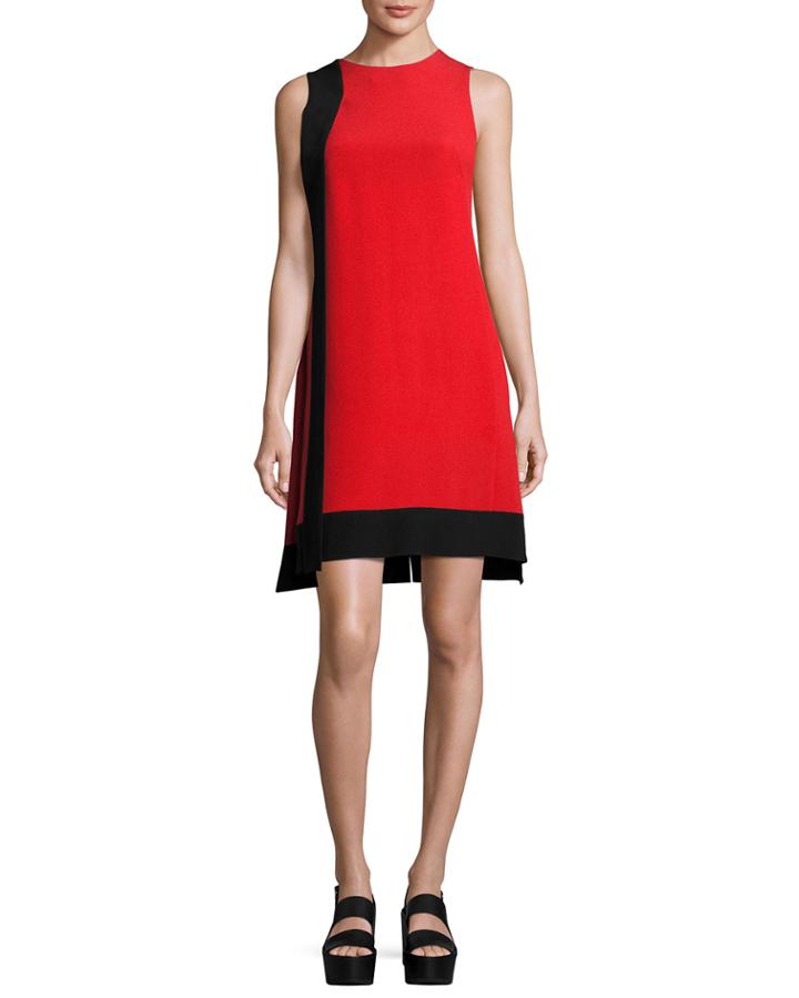 Contrast-sash Sleeveless Shift Dress, Rojo/black