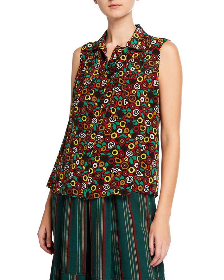 Sleeveless Bow-neck Button-front Patterned